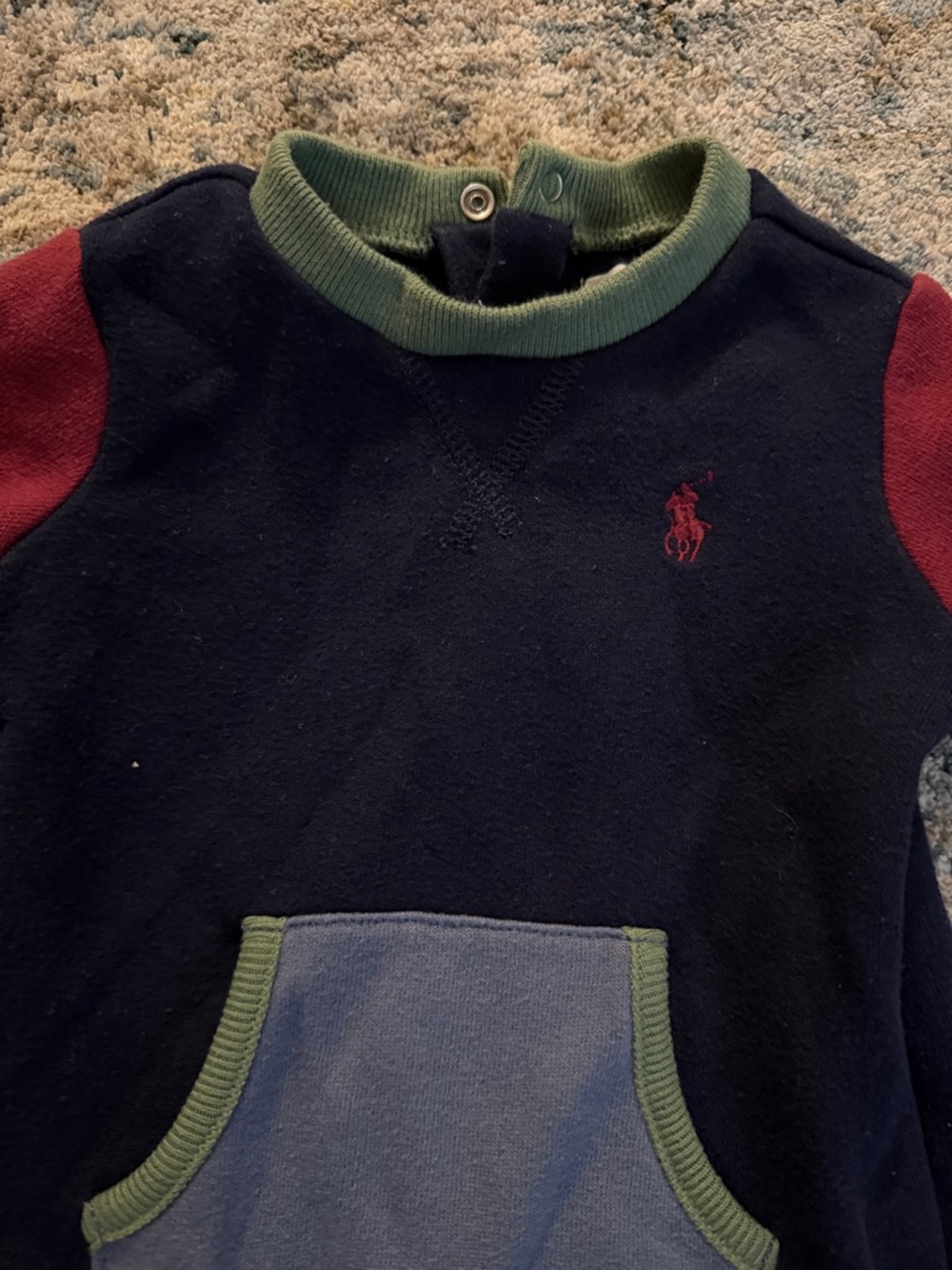 Ralph Lauren Navy Baby One-Piece with Burgundy Sleeves and Green Trim -vintage - Picture 2 of 5